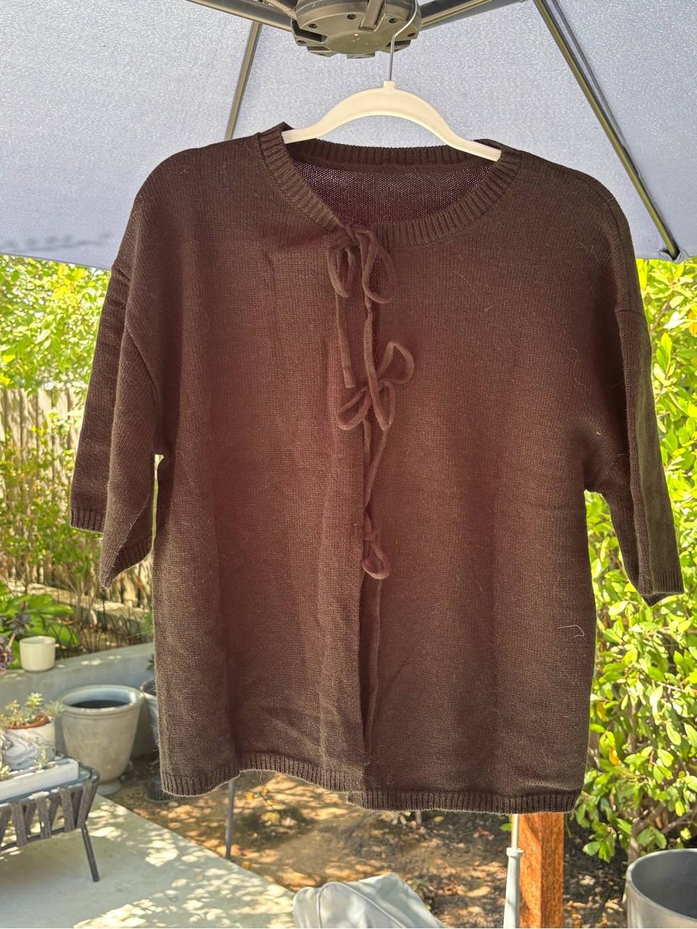 Women’s Brown Tie-Front Short Sleeve Sweater
